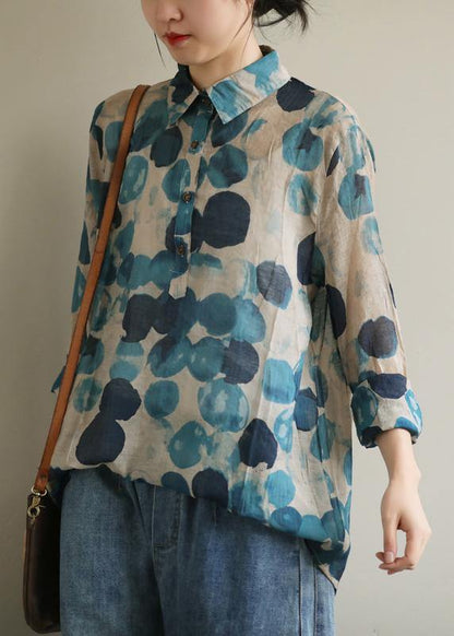 Blue Dotted Lapel Tunic Blouse for Women | Mariselle