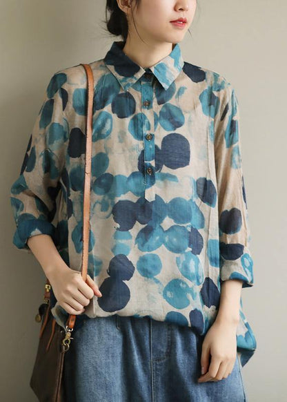Blue Dotted Lapel Tunic Blouse for Women | Mariselle