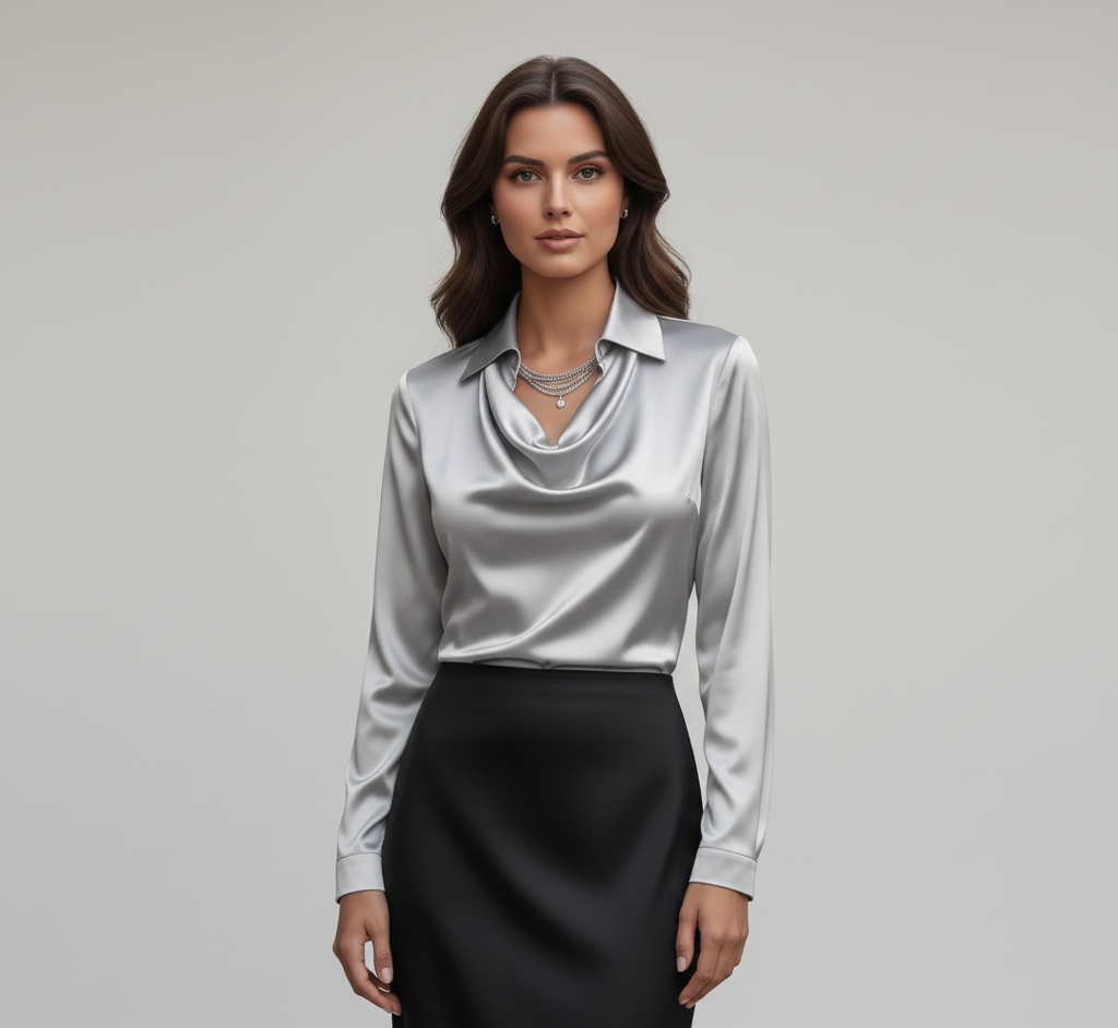 Elegant satin soft-collar blouse for women | Valerios -12