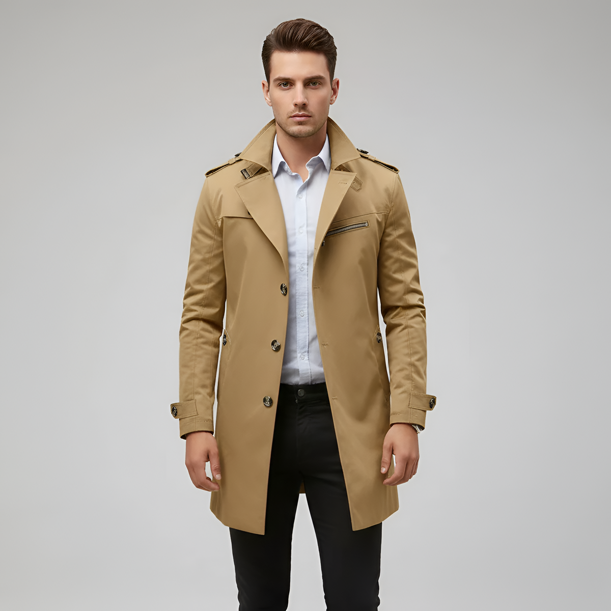 Elegant belted button-through trench coat for men | Valerios -7