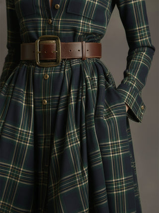 Retro plaid lapel-collar belted maxi dress for women | Marzena -9
