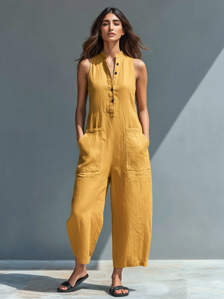 Linen blend button-up loose everyday jumpsuit for women | Linelia -6
