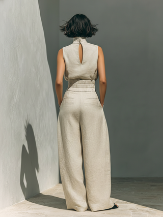 Minimalist sleeveless blouse and wide-leg trouser set for women | Lincord -2