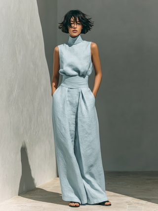 Minimalist sleeveless blouse and wide-leg trouser set for women | Lincord -4