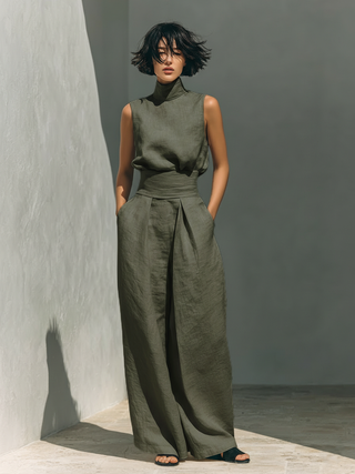 Minimalist sleeveless blouse and wide-leg trouser set for women | Lincord -3