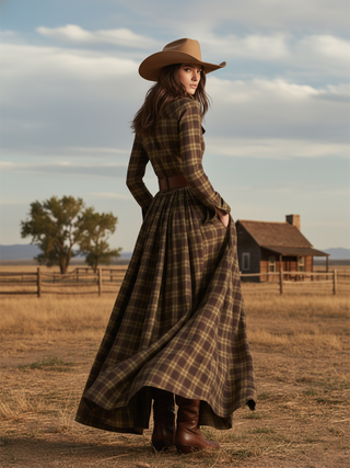 Retro plaid lapel-collar belted maxi dress for women | Marzena -16