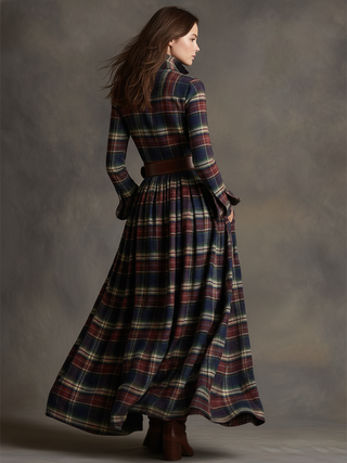 Retro plaid lapel-collar belted maxi dress for women | Marzena -12