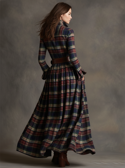 Retro plaid lapel-collar belted maxi dress for women | Marzena -12