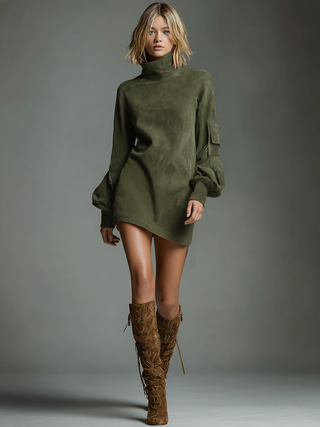 Vintage loose suede turtleneck mini dress for women | Suedette -9