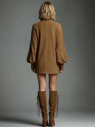 Vintage loose suede turtleneck mini dress for women | Suedette -6