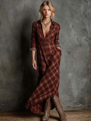 Plaid lapel shirt-style maxi dress for women | Plaidella -3
