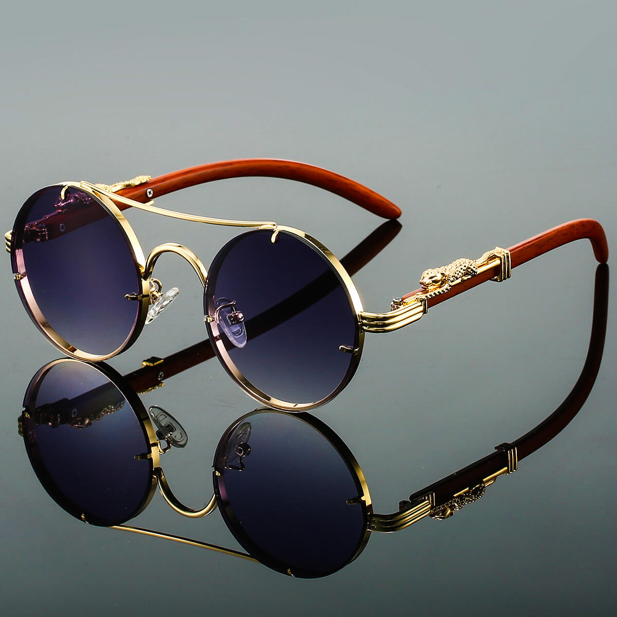 Retro round panther-detail tinted sunglasses for women | Panthera -4