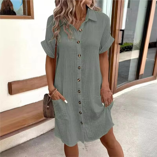 Button-down linen shirt dress with pockets for women | Marina -25