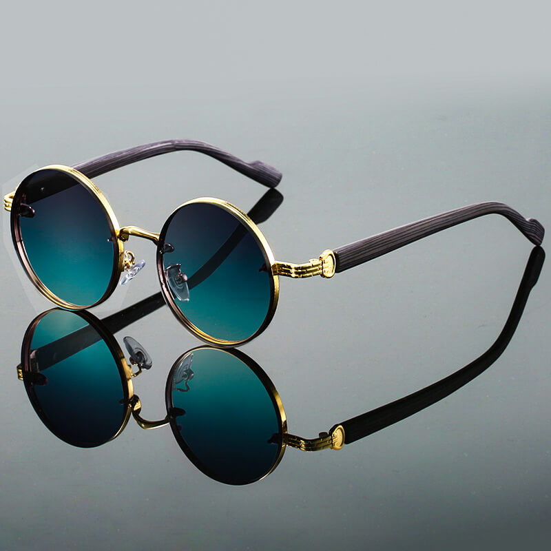 Round metal wood-textured temple sunglasses for women | Aurora -1
