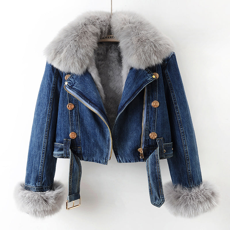 Cropped lined denim coat with removable collar for women | Elowen -1