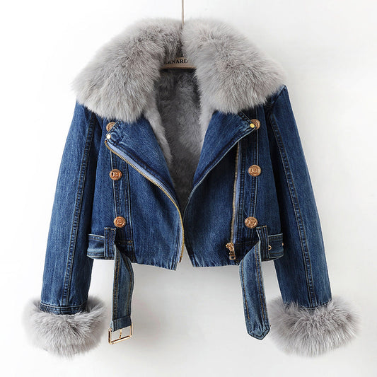Cropped lined denim coat with removable collar for women | Elowen -1