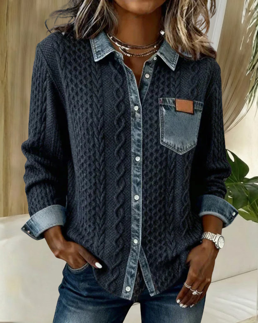 Denim patchwork casual everyday shirt for women | Juliane -1