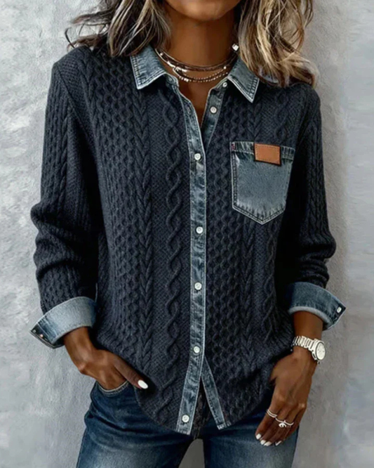 Knitted denim-detail cosy everyday jumper for women | Juliane -1