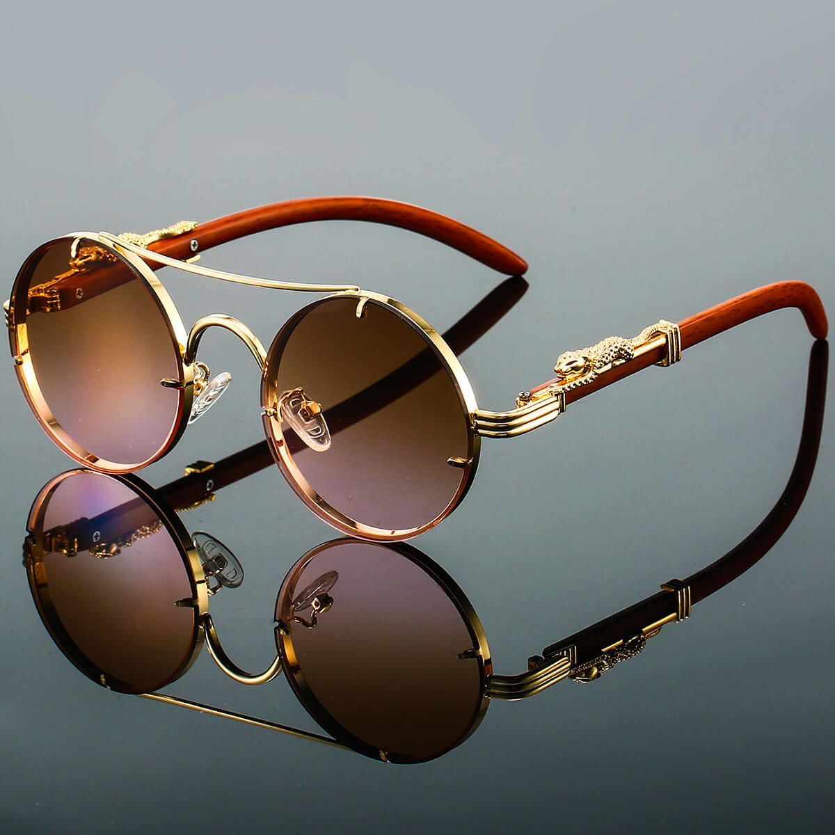 Retro round panther-detail tinted sunglasses for women | Panthera -3