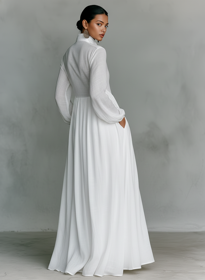 Patchwork stand-collar long-sleeve maxi dress for women | Patchella -7