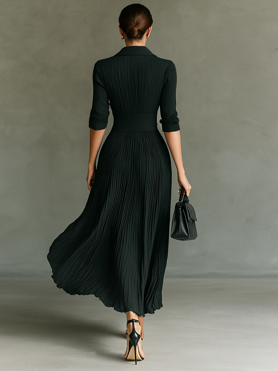 Solid pleated lapel waist maxi dress for women | Pleatura -2