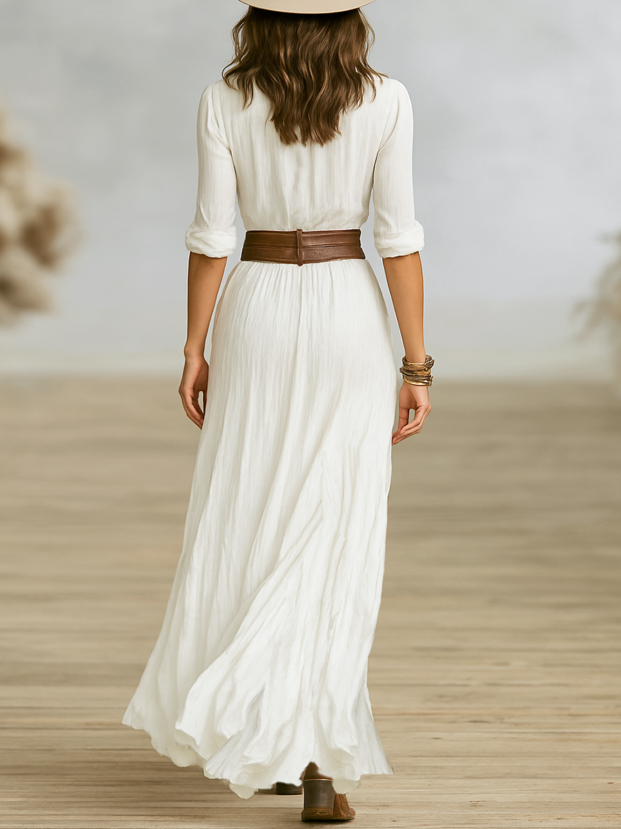 Pleated lapel long-sleeve maxi dress for women | Lapella -5