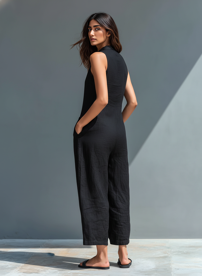 Linen blend button-up loose everyday jumpsuit for women | Linelia -2