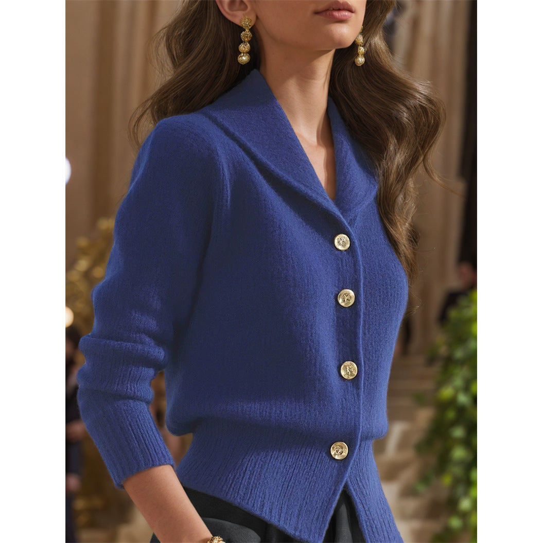 Knit lapel-collar button-front everyday cardigan for women | Elowen -3
