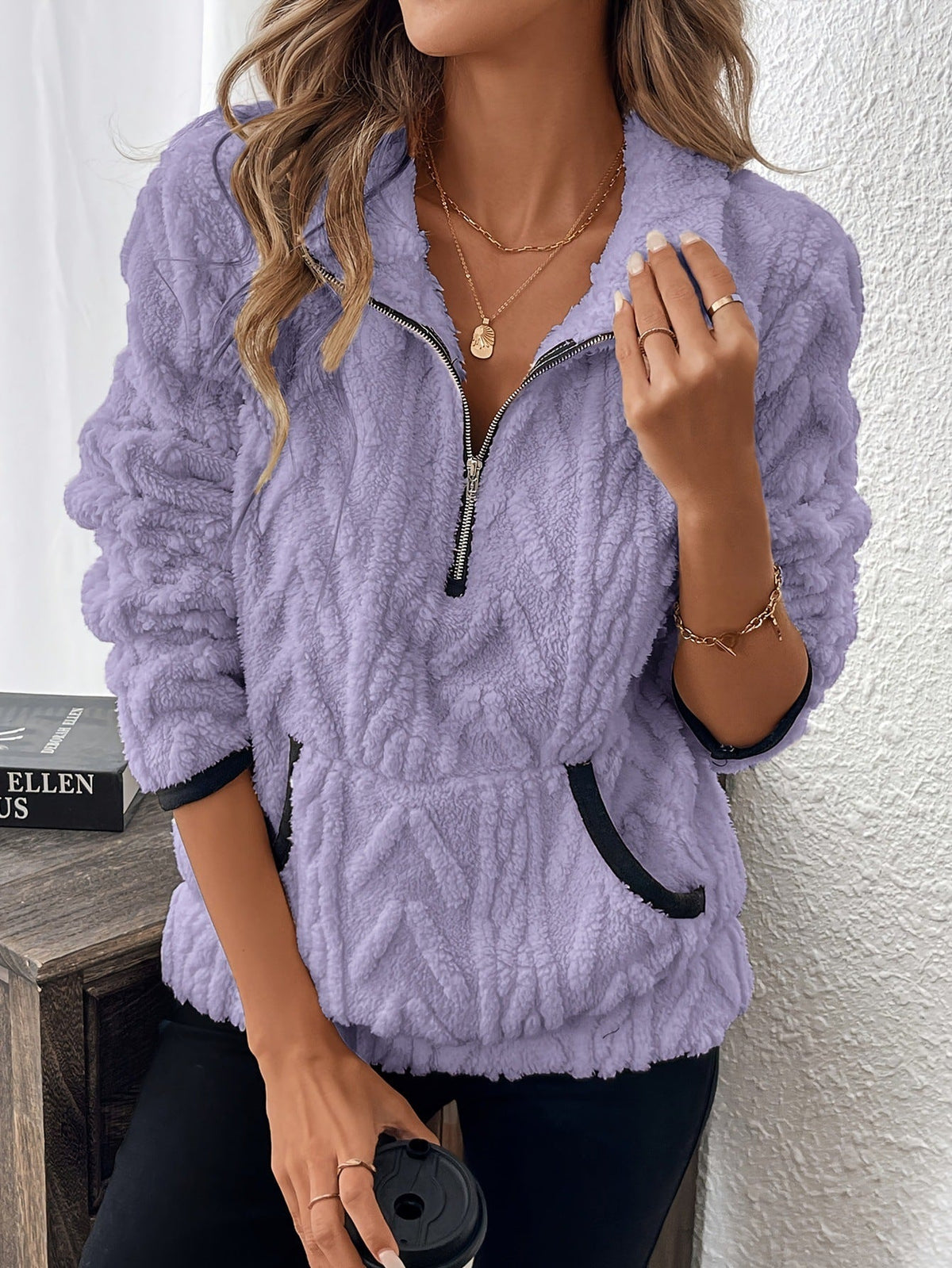 Fuzzy half-zip casual everyday sweatshirt for women | Harper -10