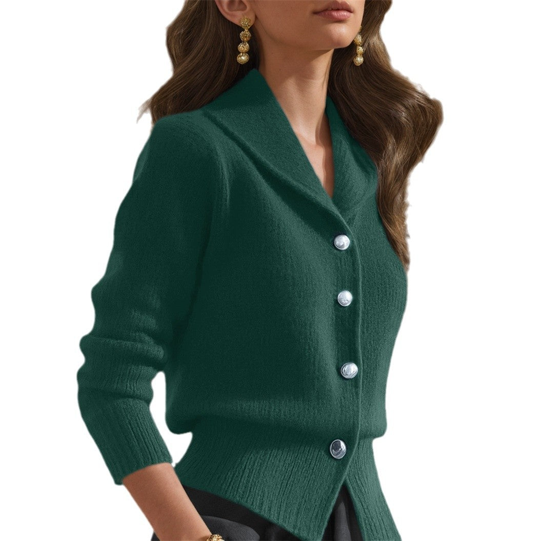 Knit lapel-collar button-front everyday cardigan for women | Elowen -5