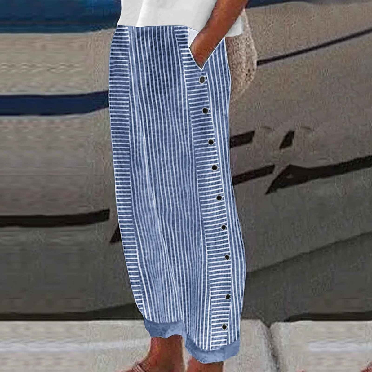 Striped button-accent tailored trousers for women | Grace -3