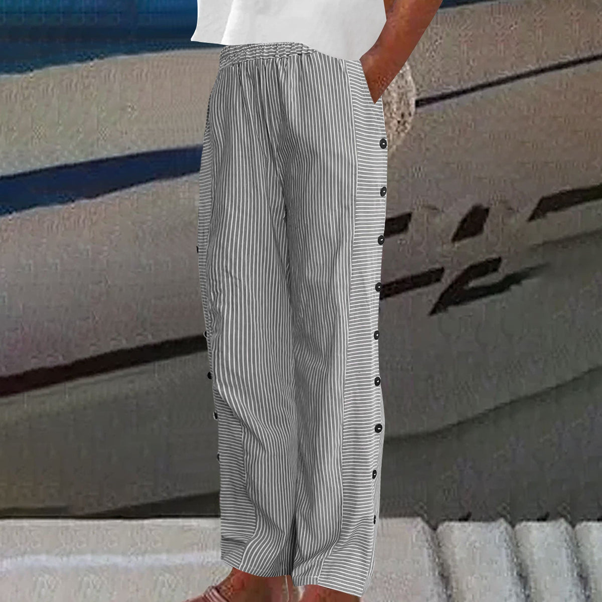 Striped button-accent tailored trousers for women | Grace -4