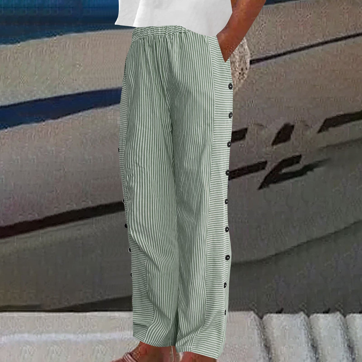 Striped button-accent tailored trousers for women | Grace -5
