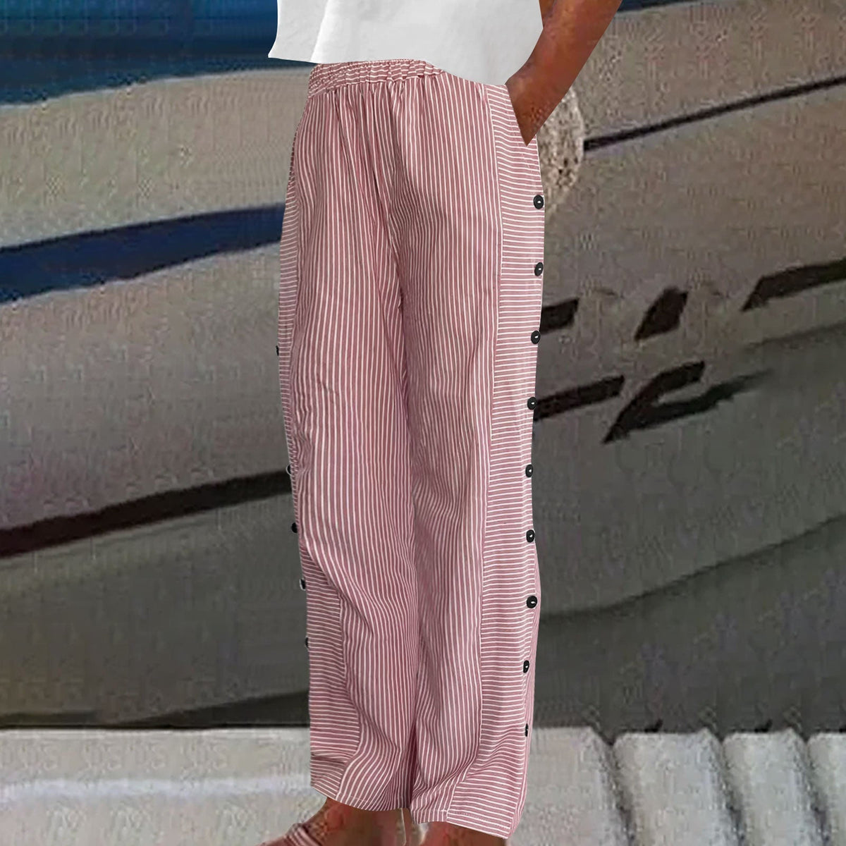 Striped button-accent tailored trousers for women | Grace -6