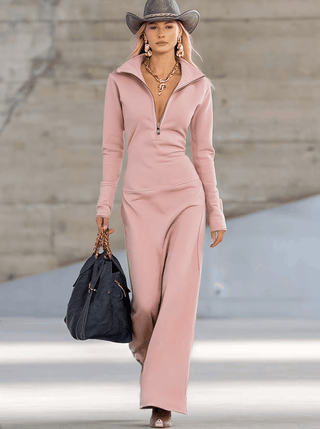 Retro sporty V-neck zip-front maxi dress for women | Rosaline -2