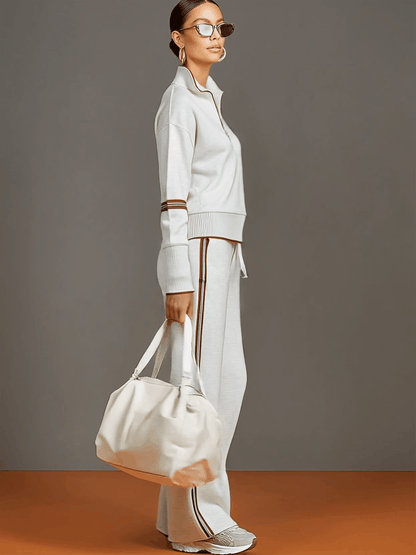 Retro half-zip sweatshirt and wide-leg trousers set for women | Vireon -3