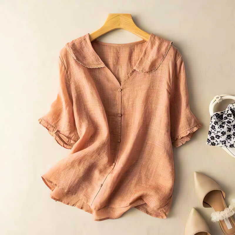 Scalloped-collar cotton-linen everyday blouse for women | Clara -3