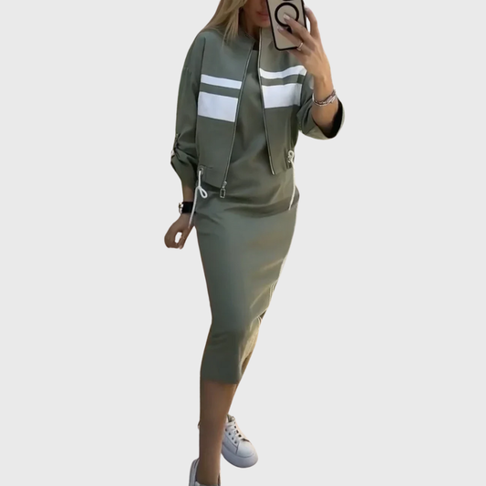 Elegant zip-up top and midi skirt two-piece set for Women | Alvera Motion