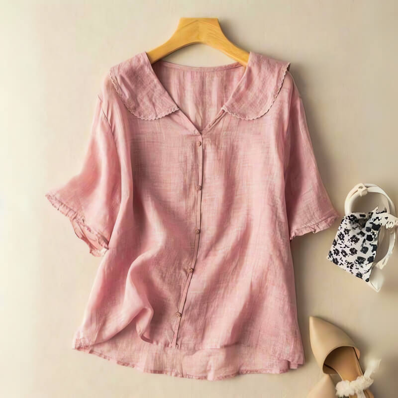 Scalloped-collar cotton-linen everyday blouse for women | Clara -4