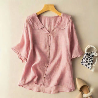 Scalloped-collar cotton-linen everyday blouse for women | Clara -4