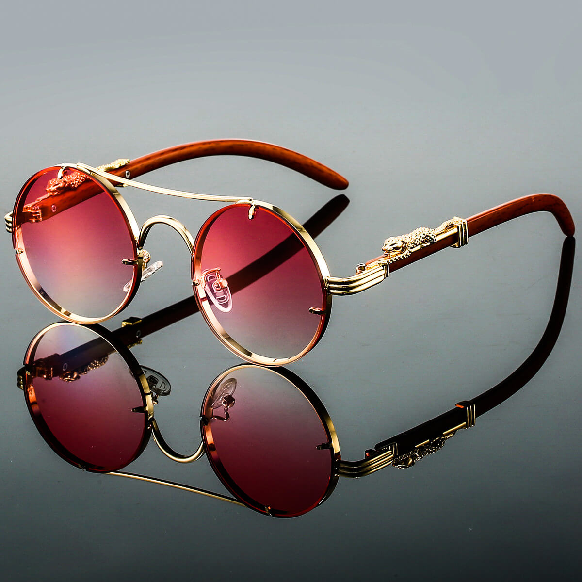 Retro round panther-detail tinted sunglasses for women | Panthera -6