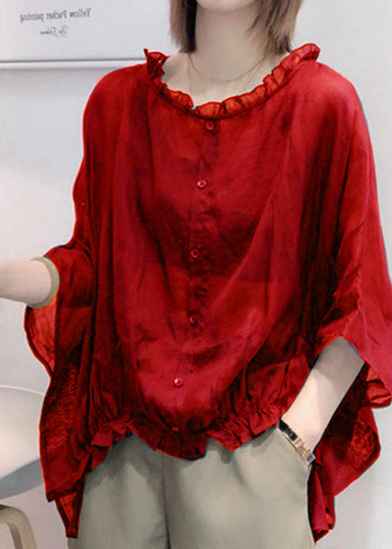 Art Navy Ruffle Trim Half Sleeve Blouse for Women | Mireya