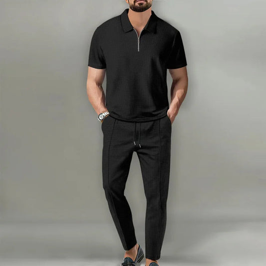 Two-piece zip-collar short-sleeve casual set for men | Urban Russo -1