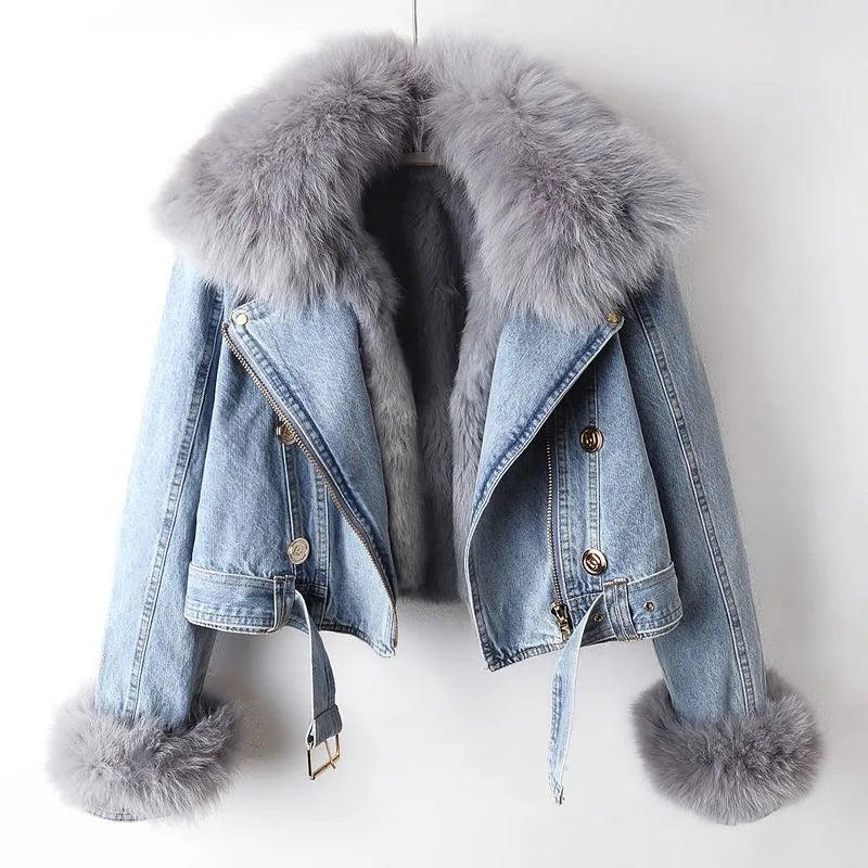 Cropped lined denim coat with removable collar for women | Elowen -2