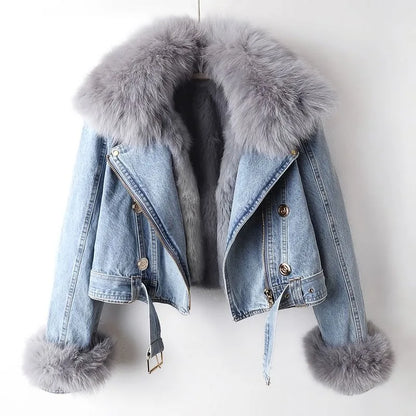 Cropped lined denim coat with removable collar for women | Elowen -2