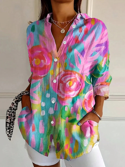 Colourful patterned casual everyday blouse for women | Astrid -1