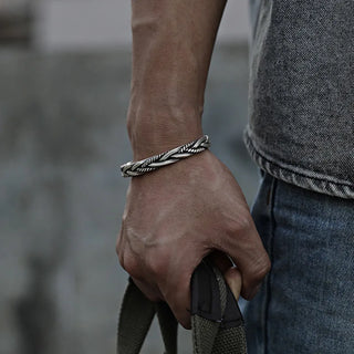 Braided silver open-cuff bracelet for men | Torin -1