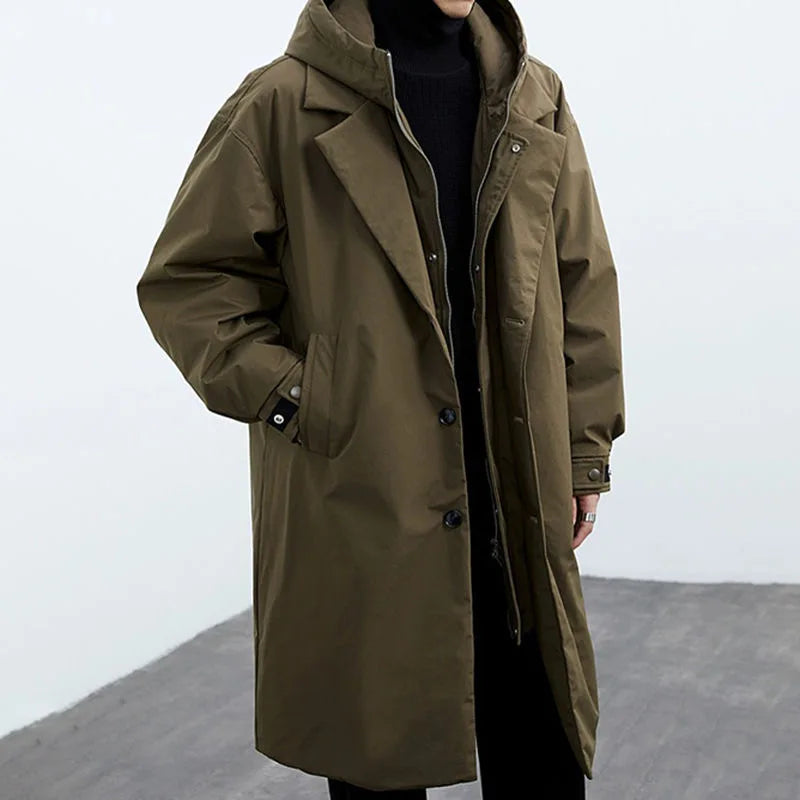 Long hooded zip-front tailored overcoat for men | Kensington -1