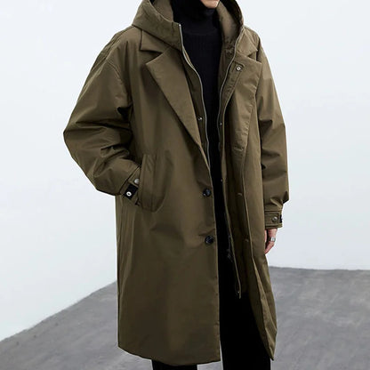 Long hooded zip-front tailored overcoat for men | Kensington -1