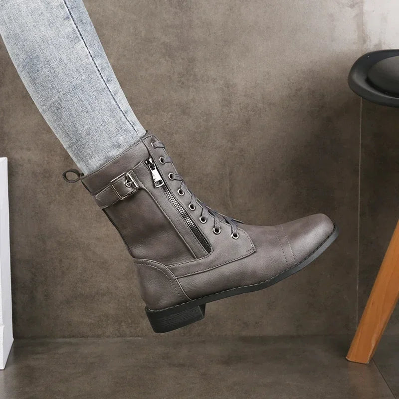 Lace-up leather zip ankle boots for women | Brandy -5